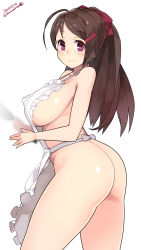 Rule 34 | 10s, 1girl, 2015, :&gt;, ahoge, apron, ass, bad id, bad pixiv id, blush, bow, breasts, brown hair, covered erect nipples, cowboy shot, dated, female focus, flat ass, from behind, hair bow, hair ornament, hairclip, highres, kantai collection, kappougi, kuro chairo no neko, large breasts, long hair, looking at viewer, mamiya (kancolle), naked apron, no bra, no panties, paw print, ponytail, puffy nipples, purple eyes, red bow, sideboob, simple background, smile, solo, twitter username, white background
