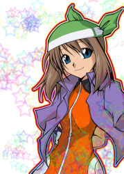 Rule 34 | 00s, 1girl, adapted costume, alternate costume, arms behind back, bad id, bad pixiv id, bandana, blue eyes, brown hair, closed mouth, collared dress, collared shirt, creatures (company), dress, female focus, game freak, green bandanna, hair between eyes, hat, head tilt, jacket, looking at viewer, may (pokemon), may (pokemon emerald), nintendo, orange dress, orange shirt, pokemon, pokemon (anime), pokemon emerald, pokemon rse, purple jacket, shirt, short hair, smile, solo, star (symbol), starry background, upper body, xruka