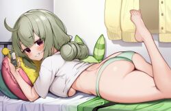 Rule 34 | 1girl, araga kiwi, ass, bare legs, barefoot, blush, breasts, butt crack, cellphone, commentary, double bun, english commentary, feet, from side, green hair, green panties, hair bun, holding, holding phone, indoors, kaptivate, large breasts, looking at viewer, mahou shoujo ni akogarete, on bed, panties, parted lips, phone, pillow, purple eyes, shirt, short sleeves, smartphone, smile, t-shirt, teeth, thighs, underwear, white shirt