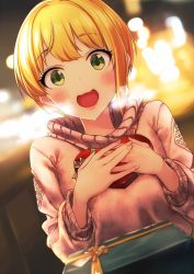Rule 34 | 10s, 1girl, baffu, blonde hair, blush, box, commentary request, gift, gift box, green eyes, heart, heart-shaped box, highres, holding, holding gift, idolmaster, idolmaster cinderella girls, incoming gift, looking at viewer, miyamoto frederica, open mouth, pov, short hair, smile, solo focus, sweater, valentine
