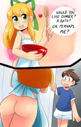 Rule 34 | 1boy, 1girl, :d, android, apron, ass, blonde hair, blue eyes, blue shirt, blush, bow, bowl, brother and sister, brown hair, commentary, food, from behind, green bow, green eyes, green ribbon, hair ribbon, heart, hetero, highres, incest, indoors, mega man (character), mega man (classic), mega man (series), naked apron, no panties, nude, open mouth, pants, pie (aipiepo), ribbon, robot, roll (mega man), shinkon santaku, shirt, siblings, smile, speech bubble, spoon, white pants
