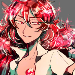 Rule 34 | androgynous, colored eyelashes, gem, gender request, highres, houseki no kuni, long hair, lonom, open clothes, open shirt, padparadscha (houseki no kuni), red eyes, red hair, shirt, smile, solo, sparkle, upper body