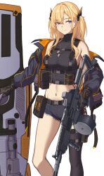 Rule 34 | 1girl, 3 small spiders, assault rifle, belt pouch, black gloves, black jacket, black shirt, black shorts, black thighhighs, blonde hair, blue eyes, character request, commentary request, commission, crop top, dog tags, girls&#039; frontline, gloves, gun, highres, holding, holding gun, holding shield, holding weapon, jacket, linea alba, long hair, looking at viewer, midriff, navel, off shoulder, pouch, rifle, shield, shirt, shorts, single thighhigh, skeb commission, sleeveless, sleeveless turtleneck, smile, solo, tactical clothes, thigh strap, thighhighs, tower shield, turtleneck, two side up, weapon, weapon request