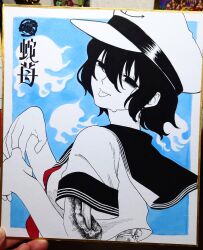 Rule 34 | 1girl, absurdres, anchor, anchor symbol, artist logo, artist name, black hair, black sailor collar, blue background, bone, collared shirt, empty eyes, exposed bone, ghost, guro, hair between eyes, hat, highres, injury, jellyfish, limited palette, looking back, medium hair, messy, murasa minamitsu, neckerchief, red neckerchief, sailor, sailor collar, sailor hat, sailor shirt, shirt, silhouette, simple background, spine, tongue, tongue out, touhou, traditional media, two-tone background, water, water drop, wet, wet hair, white background, white shirt, whoru