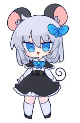 Rule 34 | 1girl, alternate eye color, animal ears, black capelet, black footwear, black skirt, blue bow, blue bowtie, blue eyes, bow, bowtie, capelet, grey hair, highres, kneehighs, mouse ears, mouse girl, mouse tail, nazrin, op na yarou, shirt, shoes, short hair, simple background, skirt, socks, solo, tail, touhou, white background, white capelet, white shirt, white socks