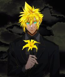Rule 34 | 1boy, aqua eyes, black jacket, black necktie, black suit, blonde hair, closed mouth, cloud strife, collared shirt, earrings, final fantasy, final fantasy vii, final fantasy vii remake, flower, formal, grey shirt, hair between eyes, highres, holding, holding flower, jacket, jewelry, lily (flower), long sleeves, looking at viewer, male focus, necktie, shio ga, shirt, short hair, single earring, solo, spiked hair, suit, suit jacket, upper body, yellow flower
