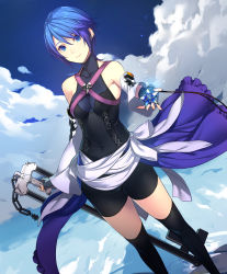 Rule 34 | 1girl, aqua (kingdom hearts), bare shoulders, bike shorts, black thighhighs, blue eyes, blue hair, breasts, cloud, covered navel, cross-laced clothes, day, detached sleeves, fingerless gloves, gloves, highres, kagetomo midori, keyblade, kingdom hearts, kingdom hearts birth by sleep, looking at viewer, night, night sky, skin tight, sky, solo, thighhighs