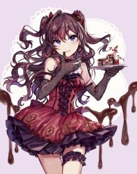 Rule 34 | 1girl, :3, ahoge, bad id, bad pixiv id, bare shoulders, blue eyes, blush, bow, bridal garter, brown hair, cake, chocolate, chocolate cake, chocolate on hand, cowboy shot, cross-laced clothes, dress, earrings, elbow gloves, food, food on hand, gloves, hair bow, highres, holding, holding plate, ichinose shiki, idolmaster, idolmaster cinderella girls, jewelry, long hair, looking at viewer, plate, red dress, red ribbon, ribbon, simple background, sleeveless, sleeveless dress, solo, tamaext, thumb to mouth, two side up, wavy hair