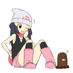 Rule 34 | 1girl, blue eyes, blue hair, boots, creatures (company), dawn (pokemon), diglett, game freak, gen 1 pokemon, highres, looking at another, nanju bami, nintendo, pokemon, pokemon (creature), pokemon dppt, sitting, skirt, smile, sweat