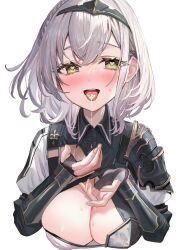 Rule 34 | 1girl, absurdres, armor, black gloves, blush, braid, breasts, cleavage, cum, cum in mouth, cum on tongue, fingerless gloves, gloves, green eyes, grey hair, highres, hololive, large breasts, looking at viewer, open mouth, oral invitation, rum raisin (chihiromakita19), sexually suggestive, shirogane noel, shirogane noel (1st costume), short hair, solo, sweat, tongue, tongue out, virtual youtuber
