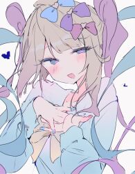 Rule 34 | 1girl, blonde hair, blue bow, blue eyes, blue hair, blue nails, blue shirt, blunt bangs, blush, bow, chouzetsusaikawa tenshi-chan, commentary, gradient hair, hair bow, hair ornament, hands on own chest, hands up, heart, heart hair ornament, highres, long sleeves, looking at viewer, multicolored hair, nail polish, needy girl overdose, open mouth, otintin, own hands together, pink bow, pink hair, purple bow, quad tails, shirt, simple background, smile, solo, symbol-only commentary, twintails, upper body, white background, yellow bow