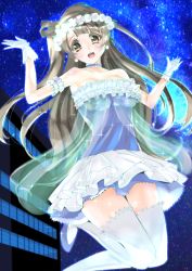 Rule 34 | 10s, 1girl, :d, blush, breasts, frapowa, gloves, head wreath, large breasts, long hair, looking at viewer, love live!, love live! school idol project, minami kotori, open mouth, skirt, sky, smile, solo, star (sky), starry sky, thighhighs, white gloves, white thighhighs, yume no tobira