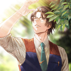 Rule 34 | 1boy, adam&#039;s apple, altair (granblue fantasy), aqua necktie, brown hair, character request, clip, facing viewer, formal, glasses, granblue fantasy, hand up, looking up, male focus, necktie, one eye closed, panmijin99, parted lips, short hair, sleeves rolled up, solo, suit, sunlight, upper body