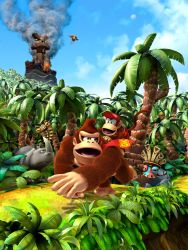 Rule 34 | absurdres, animal, cloud, diddy kong, donkey kong, donkey kong (series), donkey kong country, donkey kong country returns, forest, highres, jungle, monkey, nature, nintendo, no humans, official art, rambi, rhinoceros, sky, tiki (donkey kong country), tree, volcano
