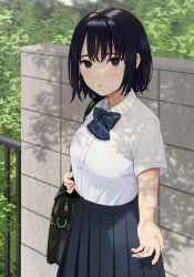 Rule 34 | 1girl, artist name, bag, black hair, bob cut, bow, bowtie, brown eyes, looking at viewer, mattaku mousuke, open mouth, original, outdoors, outstretched hand, pleated skirt, school bag, school uniform, short hair, skirt, solo, upper body, watermark