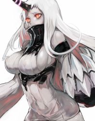 Rule 34 | 10s, 1girl, abyssal ship, bad id, bad pixiv id, bare shoulders, breasts, covered mouth, covered navel, detached sleeves, dress, covered erect nipples, highres, horns, kantai collection, kyouki, large breasts, long hair, pale skin, seaport princess, sideboob, simple background, single horn, solo, sweater, sweater dress, white background, white hair