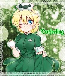 Rule 34 | 1girl, alternate costume, animal print, argyle, argyle background, argyle clothes, bat print, blonde hair, blue eyes, braid, character name, closed mouth, collar, commentary request, cup, darjeeling (girls und panzer), dress, frilled collar, frills, girls und panzer, green background, green dress, hat, holding, holding cup, kuromori yako, looking at viewer, nurse cap, one eye closed, partial commentary, short hair, short sleeves, skirt hold, smile, solo, standing, teacup, twin braids, white hat