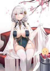 Rule 34 | 1girl, ahoge, alternate costume, azur lane, bird, bkko, black dress, blurry, blurry background, blush, braid, branch, breasts, cherry blossoms, chick, cleavage, dress, garter straps, gloves, hair between eyes, hair ornament, hand up, highres, large breasts, legs together, lips, looking at viewer, manjuu (azur lane), no bra, parted lips, pelvic curtain, petals, red eyes, revealing clothes, see-through, see-through sleeves, simple background, sirius (azur lane), sirius (azure horizons) (azur lane), sitting, thighhighs, thighs, white background, white gloves, white hair, white thighhighs, wide hips