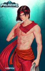 Rule 34 | 1boy, abs, artist name, bare shoulders, brown hair, copyright name, green eyes, headband, highres, male focus, navel, nipples, paladins, scar, scarf, sha lin, topless male, solo, upper body, vocox