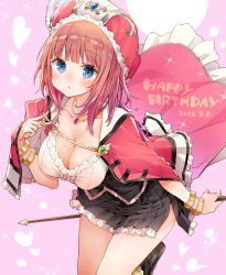 Rule 34 | 1girl, :o, alt (ctrldel), atelier (series), atelier totori, black skirt, blue eyes, blush, bracelet, breasts, brown hair, cleavage, collarbone, commentary request, dated, fingernails, happy birthday, heart, heart background, highres, jacket, jewelry, looking at viewer, medium breasts, necklace, pink background, red jacket, rororina fryxell, short hair, skirt