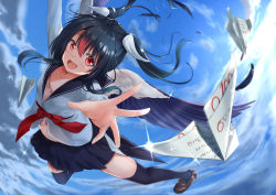 Rule 34 | 1girl, akabane hibame, black hair, blue skirt, blue socks, blush, cloud, cloudy sky, collarbone, equation, feathered wings, feathers, flying, gesture request, hair between eyes, hair ornament, hairband, hairstyle request, highres, looking at viewer, miniskirt, multicolored hair, open clothes, open mouth, original, paper, paper airplane, pleated skirt, reaching, reaching towards viewer, red ribbon, ribbon, school uniform, serafuku, shirt, shoes, skirt, sky, smile, socks, solo, sparkle, test paper, test score, thighhighs, twintails, white shirt, wings, zettai ryouiki