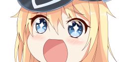 Rule 34 | 10s, 1girl, bismarck (kancolle), blonde hair, blue eyes, eyebrows, hat, kantai collection, military hat, nahaki, open mouth, peaked cap, portrait, simple background, sin-poi, solo, sparkling eyes, white background