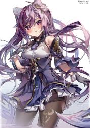 Rule 34 | 1girl, architecture, black gloves, black pantyhose, blush, braid, choker, commentary request, detached sleeves, east asian architecture, genshin impact, gloves, hair between eyes, hair ornament, hand on own hip, highres, keqing (genshin impact), long hair, looking at viewer, nyaruin, pantyhose, purple eyes, purple hair, sidelocks, simple background, single braid, solo, white background, wide sleeves, window