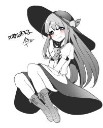 Rule 34 | &gt;:), 1girl, abe suke, blush, boots, bow, bowtie, brown eyes, closed mouth, full body, hat, hinanawi tenshi, leaf, long hair, monochrome, puffy short sleeves, puffy sleeves, short sleeves, sidelocks, simple background, skirt, solo, spot color, touhou, v-shaped eyebrows, white background