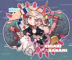 Rule 34 | 1girl, 9twoeight, backpack, bag, blinky (pac-man), blush, chibi, commission, danganronpa (series), handheld game console, highres, inky (pac-man), long sleeves, looking at viewer, nanami chiaki, open mouth, pac-man, pac-man (game), pink eyes, pink footwear, pink hair, pinky (pac-man), playstation portable, pleated skirt, short hair, skirt, solo, tetris