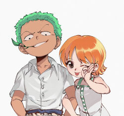 Rule 34 | 1boy, 1girl, absurdres, aged down, brown eyes, dress, dududu, green hair, grin, highres, looking at viewer, mouth hold, nami (one piece), ok sign, one eye closed, one piece, red hair, roronoa zoro, shirt, short hair, short sleeves, sleeveless, sleeveless dress, smile, stalk in mouth, tongue, tongue out, upper body, white dress, white shirt