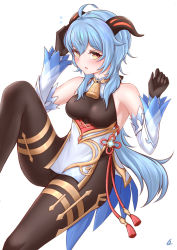 Rule 34 | 1girl, absurdres, ahoge, alternate eye color, black gloves, black pantyhose, blue hair, blush, bodystocking, commentary, detached sleeves, ganyu (genshin impact), genshin impact, gloves, hands up, high-waist skirt, highres, horns, knee up, long hair, long sleeves, looking at viewer, pantyhose, parted lips, simple background, skirt, solo, thighs, very long hair, vinwri, white background, white skirt, yellow eyes