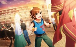 Rule 34 | 1girl, 3boys, belt, brown eyes, brown hair, clenched hands, collarbone, dress, glint, highres, idolmaster, idolmaster side-m, idolmaster side-m live on stage!, multiple boys, official art, open mouth, pants, print shirt, shirt, sky, sleeveless, smile, sunset, tachibana shiro (idolmaster), teeth, third-party source, upper teeth only, watch