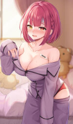 Rule 34 | 1girl, bed, blurry, blurry background, blush, breasts, clothes pull, collarbone, commentary request, digital thermometer, fever, heterochromia, highres, hololive, houshou marine, indoors, large breasts, long sleeves, looking at viewer, miyagi ratona, off shoulder, open mouth, pajamas, panties, pants, pants pull, purple pajamas, red eyes, red hair, red panties, runny nose, short hair, sick, sleeves past fingers, sleeves past wrists, snot, solo, stuffed animal, stuffed toy, sweat, tearing up, teddy bear, temperature, thermometer, underwear, virtual youtuber, window, yellow eyes