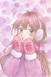 Rule 34 | 1girl, ahoge, brown hair, earmuffs, enpera, fur-trimmed mittens, fur trim, hands up, jacket, kudami rido, long hair, long sleeves, looking at viewer, looking to the side, mittens, open mouth, original, painting (medium), pink mittens, pink scarf, plaid, plaid scarf, purple background, purple eyes, purple jacket, scarf, solo, teeth, traditional media, upper body, upper teeth only, watercolor (medium), winter, winter clothes