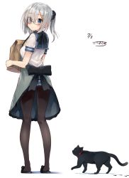 Rule 34 | 10s, 1girl, alternate hairstyle, animal, apron, bag, bespectacled, black cat, black pantyhose, blue eyes, blush, bow, breasts, cat, collar, dated, eyebrows, from behind, full body, glasses, hair between eyes, hair ornament, hair over one eye, hairclip, hamakaze (kancolle), highres, holding, kantai collection, kneepits, kou mashiro, looking at viewer, looking back, medium breasts, package, panties, panties under pantyhose, pantyhose, paper bag, ponytail, school uniform, scrunchie, serafuku, simple background, skirt, slippers, smile, solo, underwear, walking, white background
