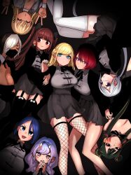 Rule 34 | 6+girls, absurdres, alice lendrott, black background, black jacket, black skirt, blonde hair, blue eyes, blue hair, breasts, brown hair, caph, cleavage, closed eyes, closed mouth, cross-shaped pupils, daleth (shinigami bocchan to kuro maid), dark-skinned female, dark skin, dot mouth, double bun, double v, earrings, fishnet thighhighs, fishnets, green eyes, green hair, grey shirt, hair bun, highres, horns, inoue koharu, jacket, jewelry, keto (shinigami bocchan to kuro maid), large breasts, light purple hair, long hair, looking at viewer, lying, mask, medium breasts, mouth mask, multiple girls, nail polish, official art, on back, on side, oni horns, open clothes, open jacket, purple eyes, red eyes, red hair, shinigami bocchan to kuro maid, shirt, short hair, skirt, stitched face, stitches, symbol-shaped pupils, teto (shinigami bocchan to kuro maid), thighhighs, tongue, tongue out, two side up, v, viola (shinigami bocchan to kuro maid), white hair