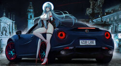 Rule 34 | 1girl, absurdres, armpit crease, azur lane, bare legs, bare shoulders, black jacket, blue hair, breasts, car, cleavage, clothing cutout, covered navel, elbow gloves, facial mark, floating hair, full moon, gloves, high heels, highleg, highleg leotard, highres, horns, jacket, kcar66t, large breasts, leotard, long hair, long sleeves, looking at viewer, marco polo (azur lane), moon, motor vehicle, night, off shoulder, open clothes, open jacket, open mouth, outdoors, race queen, real world location, red footwear, red hair, skindentation, solo, sports car, statue, thigh strap, thighs, umbrella, underboob, underboob cutout, very long hair, white gloves, white leotard, zipper