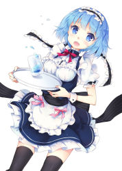 Rule 34 | 1girl, apron, bad id, bad pixiv id, black thighhighs, blue eyes, blue hair, frilled skirt, frills, glass, maid, maid apron, maid headdress, maouppoino!, matching hair/eyes, nyanya, official art, open mouth, puffy sleeves, ribbon, short hair, simple background, skirt, slime (maouppoino!), solo, thighhighs, tray, waist apron, wrist cuffs, zettai ryouiki