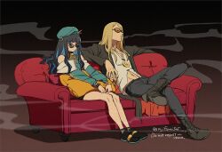 Rule 34 | 1boy, 1girl, asaya minoru, bare shoulders, beret, black-framed eyewear, black footwear, black hair, black jacket, black pants, black shorts, blue hair, blue headwear, blue jacket, boots, cigarette, couch, cross-laced footwear, cup, drinking glass, english text, fate/grand order, fate (series), grey socks, hat, holding, holding cup, jacket, lace-up boots, light brown hair, long hair, mouth hold, multicolored hair, navel, off-shoulder jacket, off shoulder, on couch, open clothes, open jacket, orange-framed eyewear, pants, parted bangs, pillow, shirt, shoe soles, short shorts, shorts, sitting, smoke, smoking, socks, sunglasses, tenochtitlan (fate), tenochtitlan (second ascension) (fate), tezcatlipoca (fate), twitter username, two-tone hair, watermark, white shirt
