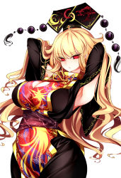 Rule 34 | 1girl, absurdres, armpits, arms behind head, black dress, black hat, blonde hair, breasts, chinese clothes, cleavage, cleavage cutout, clothing cutout, dress, eyelashes, frown, hat, heart cutout, highres, junko (touhou), large breasts, long hair, long sleeves, looking at viewer, pointy ears, raptor7, red eyes, sash, simple background, solo, tabard, touhou, very long hair, white background, wide sleeves