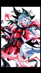 Rule 34 | 1girl, ahoge, aqua gloves, aqua headwear, arknights, bare shoulders, black border, black ribbon, border, breasts, clothing cutout, detached sleeves, dress, feet out of frame, frilled sleeves, frills, gloves, hand up, highres, holding, holding staff, leg ribbon, long hair, long sleeves, looking at viewer, navel, navel cutout, official alternate costume, razu (rus), reaching, reaching towards viewer, red dress, red eyes, ribbon, simple background, skadi (arknights), skadi the corrupting heart (arknights), small breasts, solo, staff, thigh strap, very long hair, white background, wide sleeves