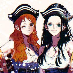 Rule 34 | 2girls, arm tattoo, belt, black hair, blue eyes, commentary, hat, jewelry, long hair, looking at viewer, multiple girls, nami (one piece), necklace, nico robin, one eye closed, one piece, orange hair, simple background, smile, tank top, tattoo, upper body, white background, white tank top, yoru ( ichiya 07)