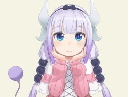 Rule 34 | 10s, 1girl, beads, blue eyes, blunt bangs, blush, bow, capelet, cristalavi, dragon horns, dragon tail, face, hairband, hands on own face, head rest, horns, kanna kamui, kobayashi-san chi no maidragon, light purple hair, looking at viewer, low twintails, solo, tail, twintails