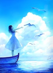 Rule 34 | 1girl, akagi shun, arms up, bird, black eyes, black hair, boat, cloud, day, dress, from side, long hair, looking away, looking up, medium hair, original, outdoors, seagull, see-through, see-through dress, signature, sky, smile, solo, standing, translucent dress, water, watercraft, waves, white dress