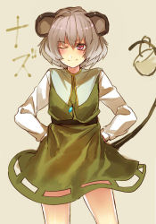 Rule 34 | 1girl, animal ears, capelet, dress, female focus, grey hair, hands in pockets, irohara mitabi, long sleeves, looking at viewer, mouse ears, mouse tail, nazrin, one eye closed, red eyes, short hair, smile, solo, tail, touhou, wink
