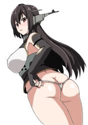 Rule 34 | 10s, 1girl, armpits, ass, bad id, bad pixiv id, black gloves, black hair, blush, breasts, brown eyes, butt crack, cowboy shot, elbow gloves, covered erect nipples, fingerless gloves, from behind, gloves, hair between eyes, headgear, kantai collection, large breasts, long hair, looking at viewer, looking back, nagato (kancolle), no pants, panties, parted lips, solo, tawashi1623, thong, underwear, white panties