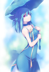 Rule 34 | 1girl, ahoge, aqua hair, arched back, bare arms, bare shoulders, blue dress, breasts, choker, collarbone, dress, half updo, holding, holding leaf, leaf, leaf umbrella, looking at viewer, looking to the side, monster girl, nanakusa, original, pink eyes, ribbon, short hair, small breasts, solo, tail, tail ornament, tail ribbon, umbrella