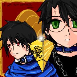 Rule 34 | 2003, black hair, character request, cosplay, crossover, glasses, green eyes, harry potter, harry potter (series), lowres, parody, red eyes, wizarding world, yami yugi (cosplay), yami yugi, yu-gi-oh!, yu-gi-oh! duel monsters