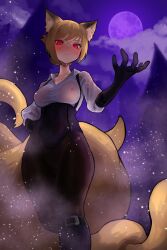 1girl absurdres animal_ear_fluff animal_ears black_gloves blonde_hair blush boots breasts collared_shirt commission covered_erect_nipples cross_scar ekrea_jan embarrassed extra_tails fox_ears fox_girl full_moon gloves highres kitsune kyuubi medium_breasts moon multiple_tails night nipples original outdoors red_eyes scar scar_on_face see-through_clothes shirt short_hair skeb_commission sky solo tail underbust