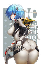 Rule 34 | 1girl, alternate breast size, ass, ass grab, ayanami rei, back, bad id, bad pixiv id, bandage over one eye, bandages, blue hair, blush, bodysuit, bracer, breasts, character name, covered erect nipples, cowboy shot, curvy, expressionless, female focus, from behind, gloves, grabbing own ass, grey background, hair ornament, hand on own ass, highres, holding, kirii, large breasts, looking at viewer, looking back, neon genesis evangelion, pilot suit, plugsuit, red eyes, short hair, skin tight, solo, standing, thick thighs, thighs, turtleneck, twisted torso, wide hips